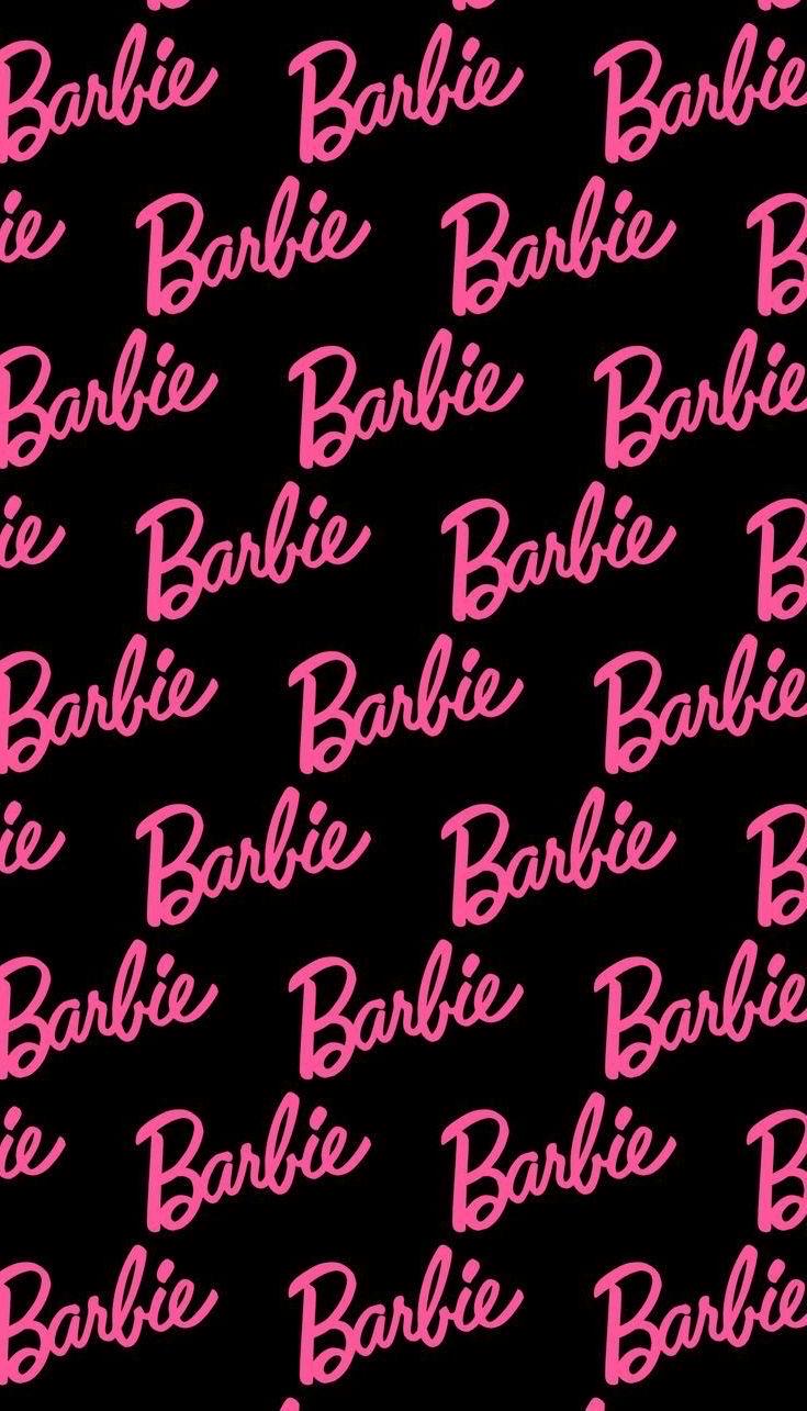 Barbie Fabric: Pink Logo Text, Black Linen-Look Polyester, 44" Wide