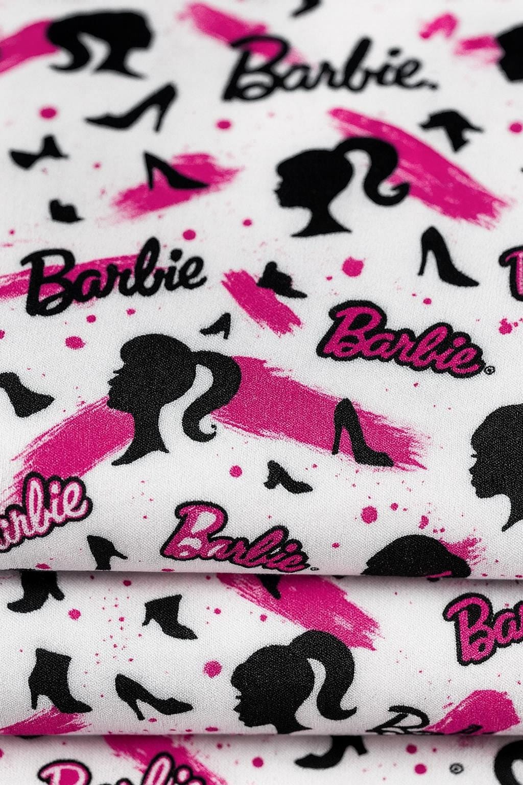 Barbie Fabric: Pink Logo Text, Black Linen-Look Polyester, 44" Wide
