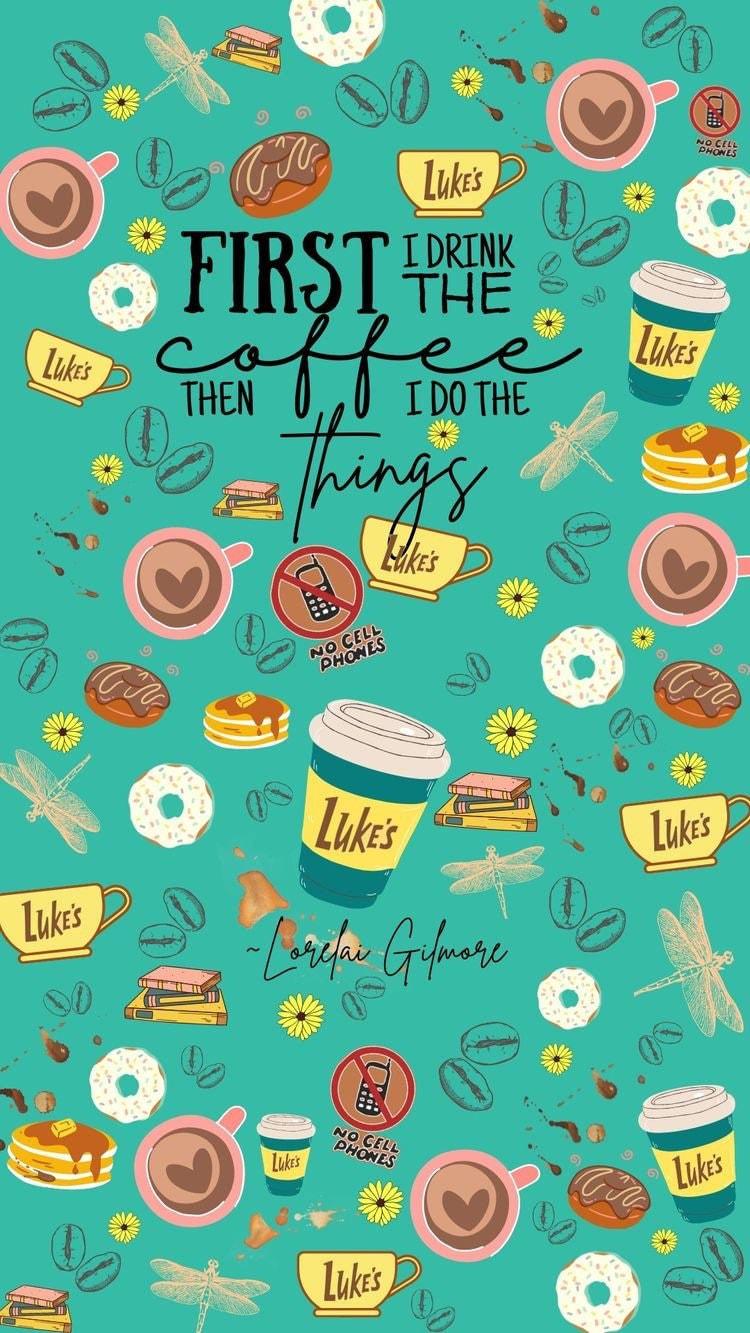 Gilmore Girls Coffee Print Fabric: Teal Linen-Look Polyester, 44" Wide