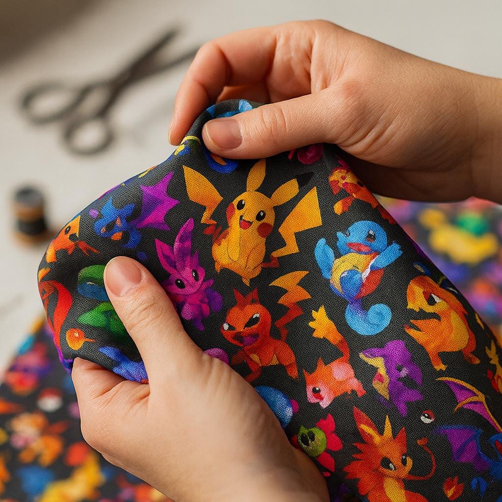 Pokemon Inspired Linen-Look Fabric by the Yard – 44" Wide Soft 100% Polyester (120–130gsm), Anime Cartoon Print, black Base Fabric