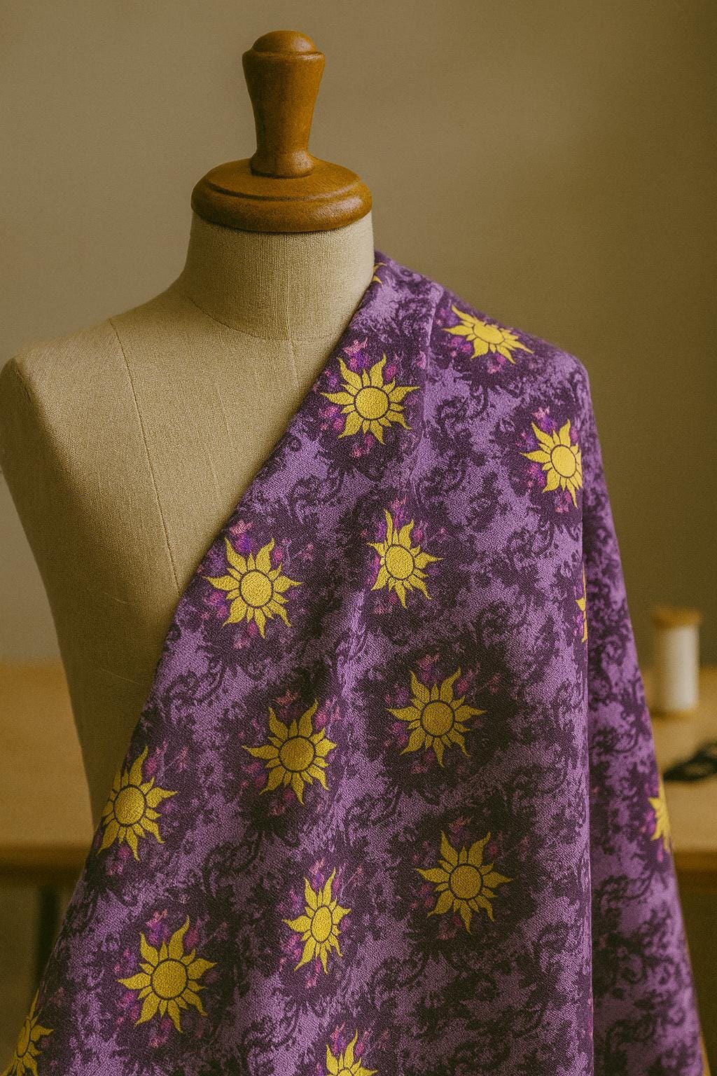 Yellow Sun on Purple, 100% Polyester, Tangled fabric for sewing quilting and apparel making