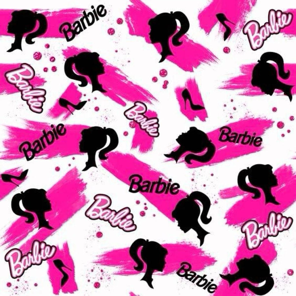 Barbie Fabric: Pink Logo Text, Black Linen-Look Polyester, 44" Wide