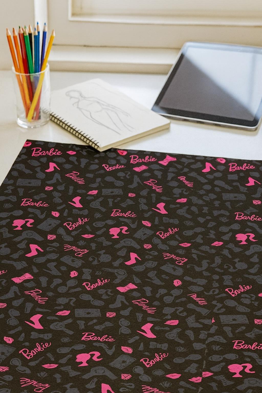 Barbie Fabric: Pink Logo Text, Black Linen-Look Polyester, 44" Wide