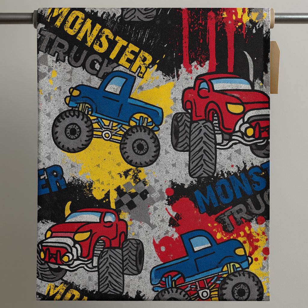 Monster jam Fabric: Linen-Look Polyester, Brown Dirt Print, 44" Wide