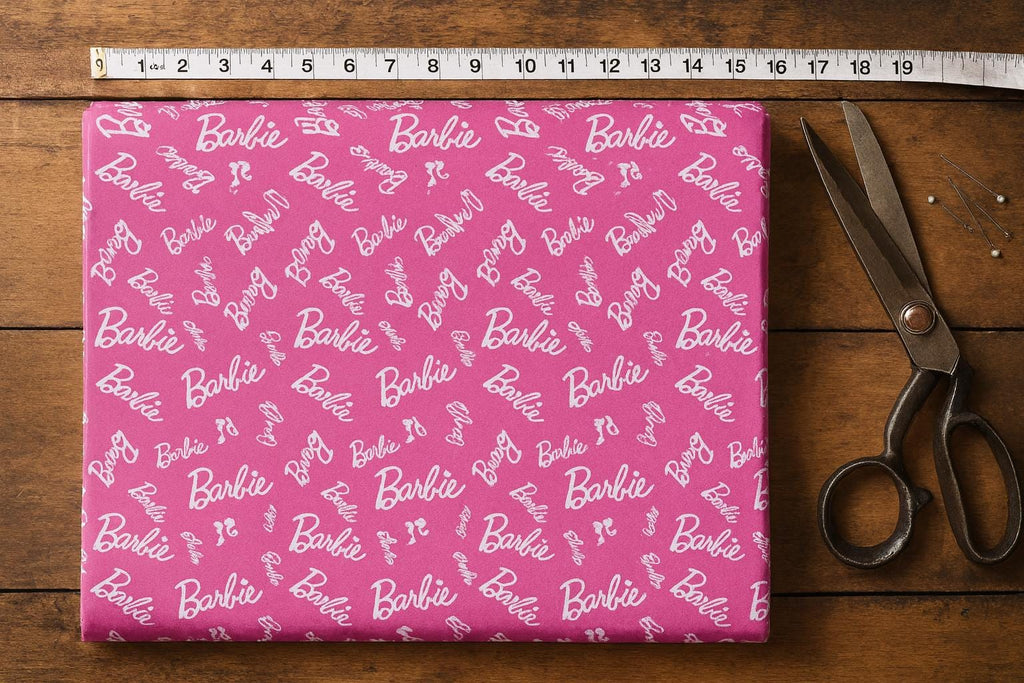 Barbie Fabric: Hot Pink Logo Text, Pink Linen-Look Polyester, 44" Wide