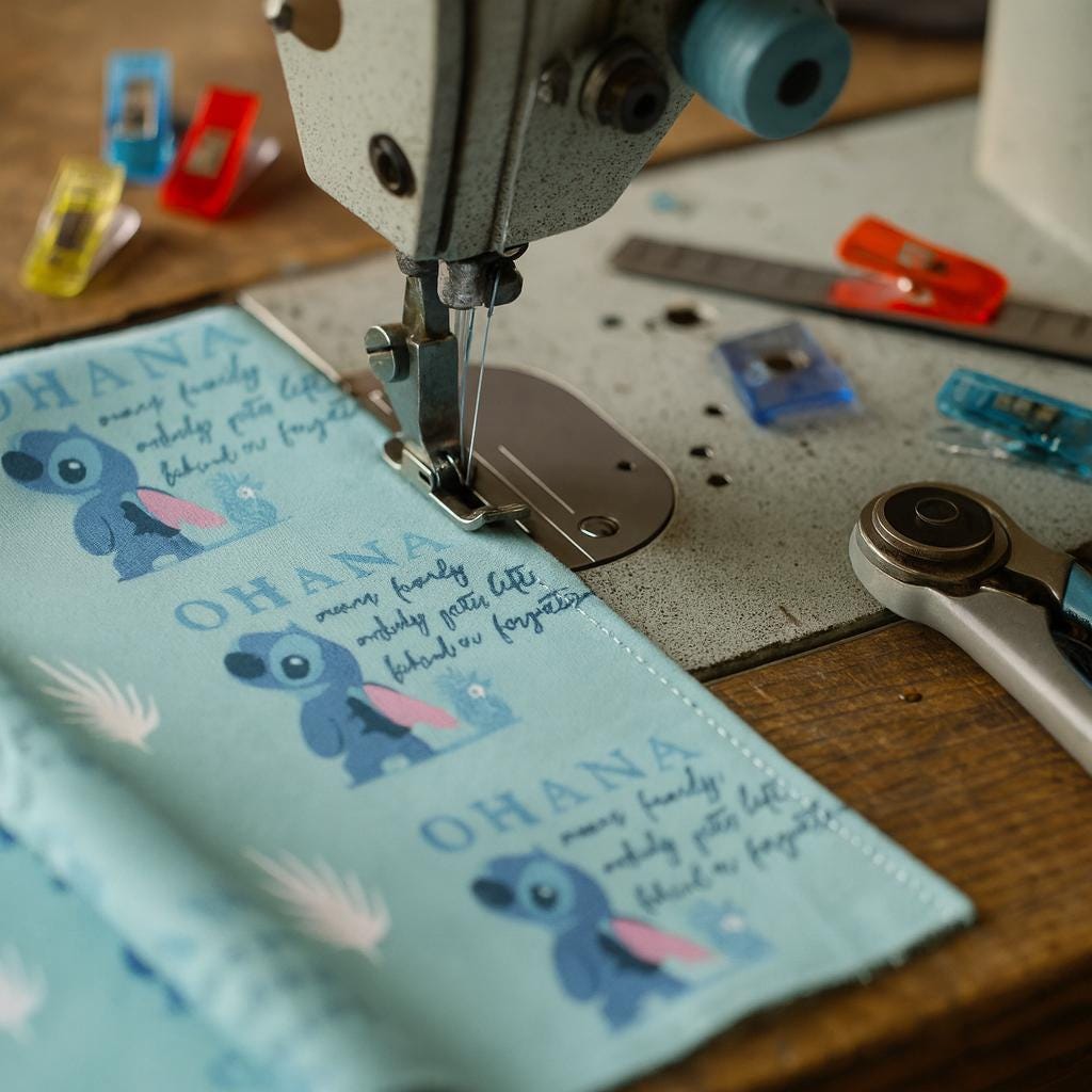 Licensed Lilo & Stitch Ohana Fabric | Linen-Look 100% Polyester by the Yard | 44" Wide, Soft 120–130gsm | Quilting, Sewing and Crafts