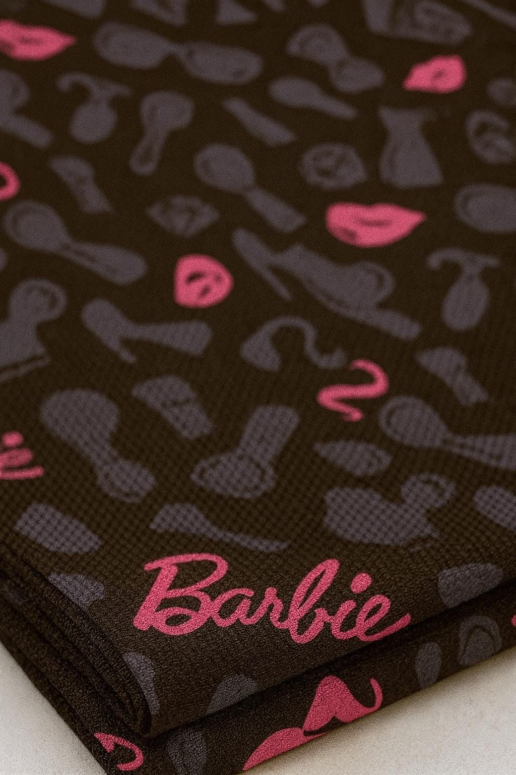 Barbie Fabric: Pink Logo Text, Black Linen-Look Polyester, 44" Wide