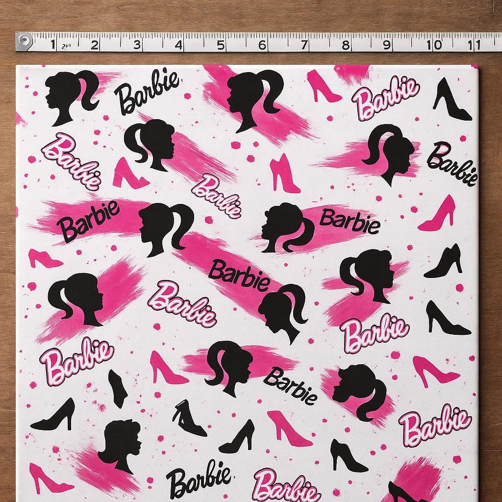 Barbie Fabric: Pink Logo Text, Black Linen-Look Polyester, 44" Wide
