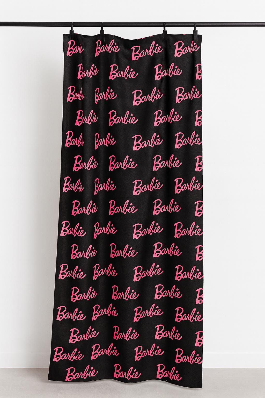 Barbie Fabric: Pink Logo Text, Black Linen-Look Polyester, 44" Wide